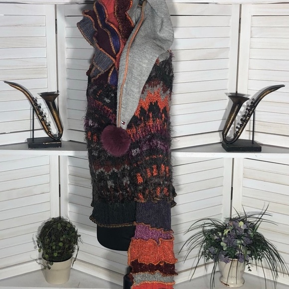 Handcrafted Patch Knitted Sweater Upcycled Fairy Elf Pointy Hood Multicolor sz M - Picture 4 of 14